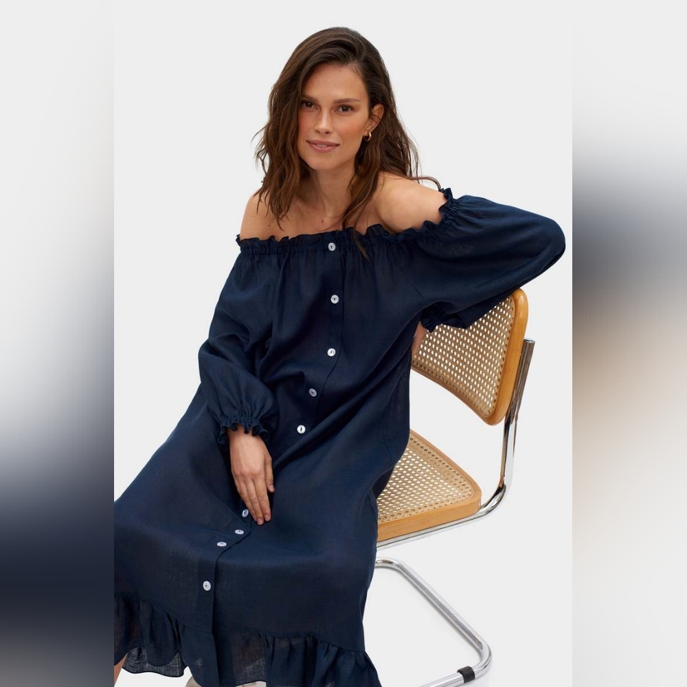 Sleeper 100% linen navy lounge dress